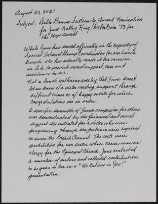 Elinore Jeffcoat to Unknown Letter, August 30, 2021