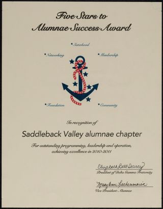 Saddleback Alumnae Chapter Five Stars to Alumnae Success Award Certificate, 2010-2011