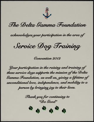 The Delta Gamma Foundation Service Dog Training Recognition Certificate, 2012