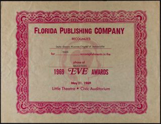Delta Gamma Alumnae Chapter of Jacksonville Eve Award Certificate, May 21, 1969