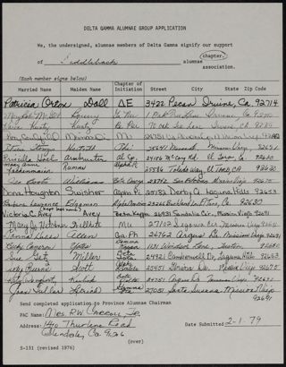 Saddleback Delta Gamma Alumnae Group Application, February 1, 1979