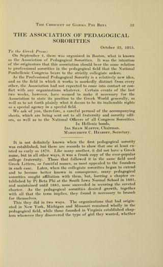 The Association of Pedagogical Sororities, January 1916