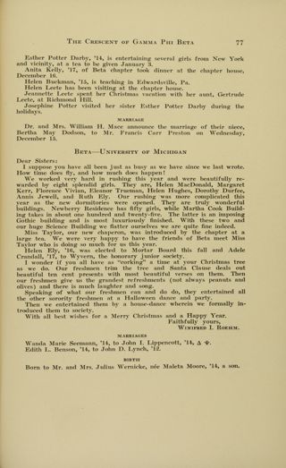 Chapter Letters: Beta-University of Michigan, January 1916