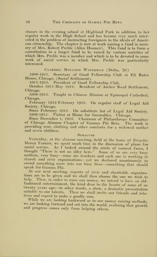 Social Service Work Done by Chapters: Syracuse, January 1916