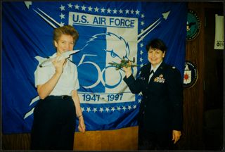 Cele Eifert and Rita Springer Celebrating Air Force 50th Birthday Photograph, September 1997