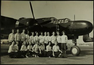 Gamma Phi Betas in Front of Black Widow Airplane Photograph, 1944