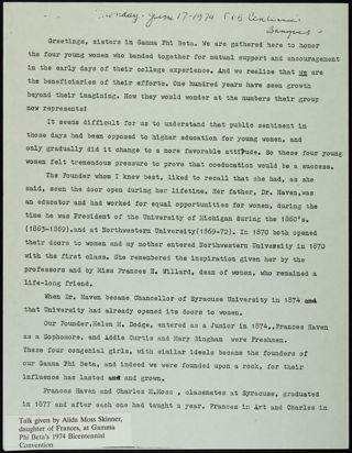 Alida Moss Skinner Centennial Convention Speech, June 17, 1974