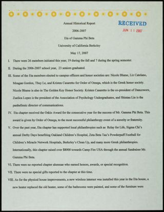 Annual Historical Report 2006-2007: Eta of Gamma Phi Beta, May 17, 2007