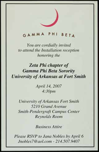 Zeta Phi Chapter Installation Reception Invitation, April 14, 2007