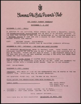 Gamma Phi Beta Parents' Club: USC Family Parent Weekend Flier, November 7-9, 1997