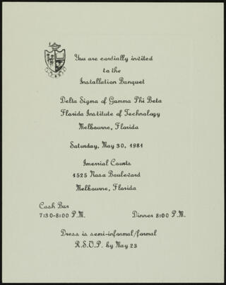 Delta Sigma Chapter Installation Banquet Invitation, May 30, 1981