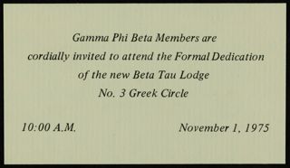 Beta Tau Sorority Lodge Open House Card, November 1, 1975