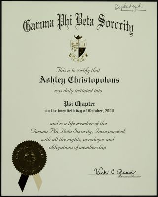 Ashley Christopolous Member Certificate, October 20, 2000