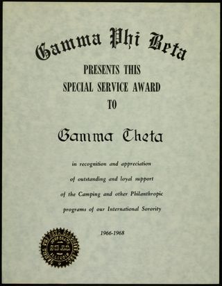 Gamma Theta Special Service Award Certificate, 1966-1968