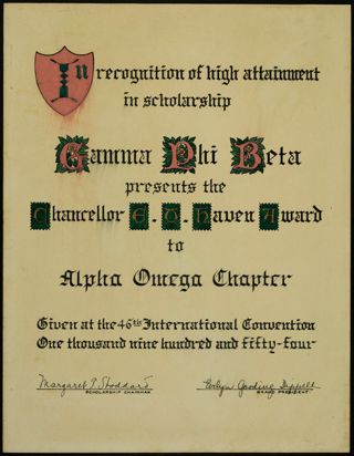 Alpha Omega Chapter Chancellor Haven Award Certificate, 1954