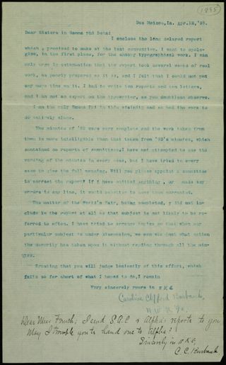 Caroline Clifford Burbank to Sisters in Gamma Phi Beta Letter, April 12, 1895