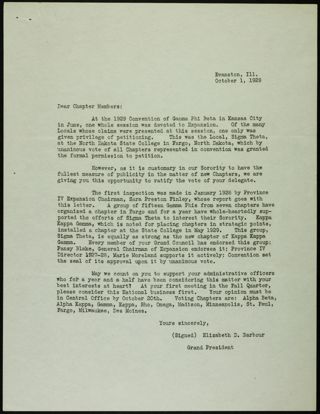 Elizabeth D. Barbour to Chapter Members Letter, October 1, 1929