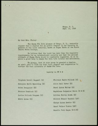 Gamma Phi Beta Alumnae of Fargo to Mrs. Finley Letter, September 16, 1929