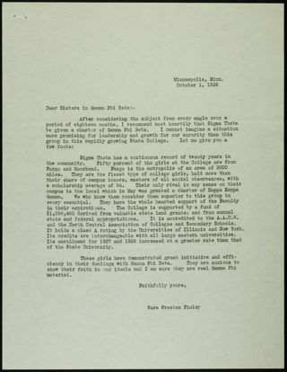 Sara Preston Finley to Sisters in Gamma Phi Beta Letter, October 1, 1929