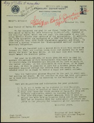 Chairman of Bond Sales to Gamma Phi Beta Letter, November 22, 1944