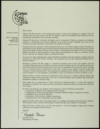 Randall Stevens to Parents of New Members of Gamma Phi Beta Letter
