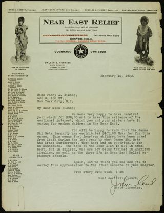 John Cecil to Miss Fanny A. Bishop Letter, February 14, 1923