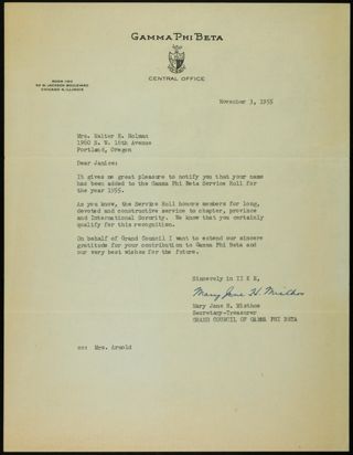 Mary Jane H. Misthos to Mrs. Walter E. Holman Letter, November 3, 1955
