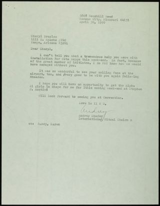 Audrey Shafer to Cheryl Broyles Letter, April 30, 1990