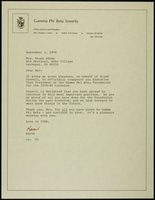 Karen to Bev Adams Letter, September 1, 1978