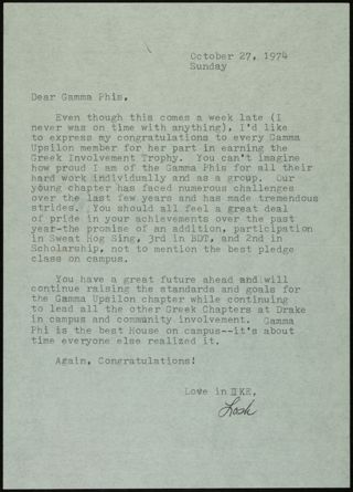 Lash to Gamma Phis Letter, October 27, 1974