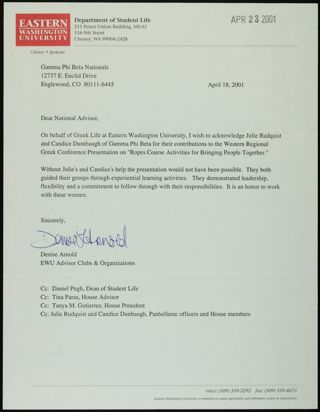 Denise Arnold to National Advisor Letter, April 18, 2001