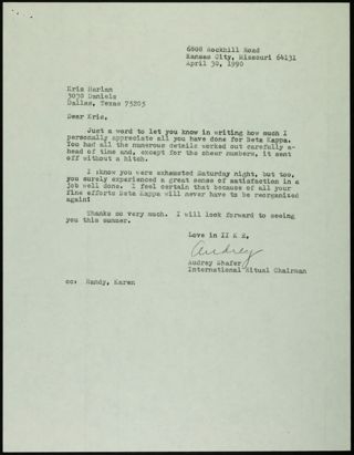 Audrey Shafer to Kris Harlan Letter, April 30, 1990