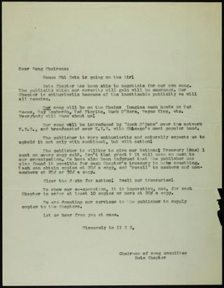 Beta Chapter Chairman of Song Committee to Song Chairman Letter, 1933