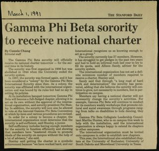 Gamma Phi Beta Sorority to Receive National Charter Newspaper Clipping, March 1, 1991