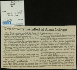 New Sorority Installed at Alma College Newspaper Clipping, January 23, 1998