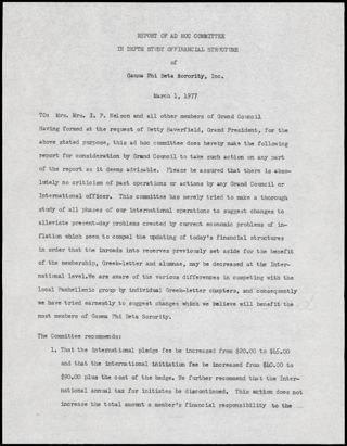 Report of Ad Hoc Committee in Depth Study of Financial Structure, March 1, 1977