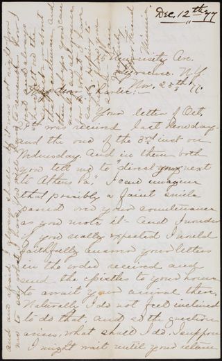 Minnie to Charlie Letter, November 25-December 12, 1877