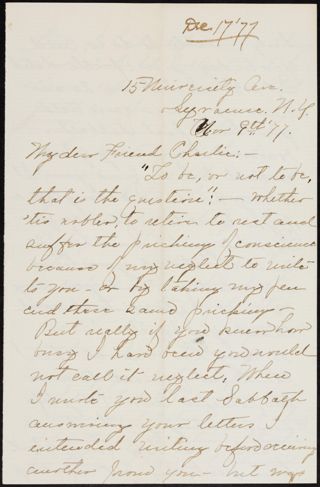 Minnie Bingham to Charlie Letter, November 9, 1877