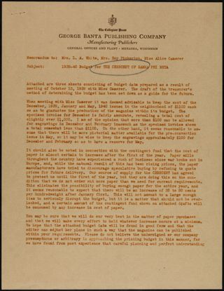 1939-40 Budget for the Crescent of Gamma Phi Beta, November 2, 1939