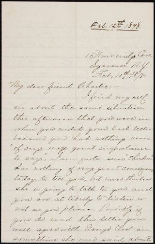 Minnie Bingham to Charlie Letter, February 10, 1878