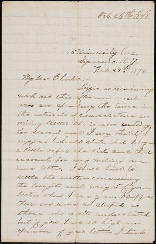 Minnie Bingham to Charlie Letter, February 24, 1878