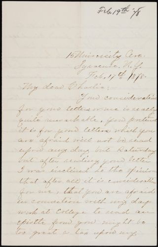 Minnie Bingham to Charlie Letter, February 17, 1878