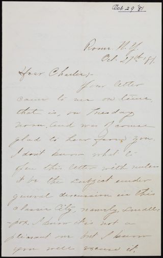 Minnie Bingham to Charlie Letter, October 27, 1881