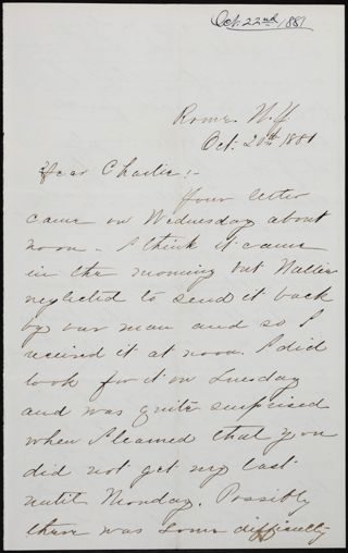 Minnie Bingham to Charlie Letter, October 20, 1881