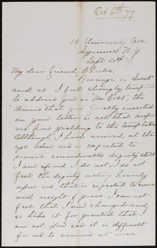 Minnie Bingham to Charlie Letter, September 20, 1877