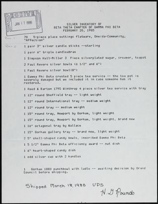 Silver Inventory of Beta Theta Chapter of Gamma Phi Beta, February 20, 1985