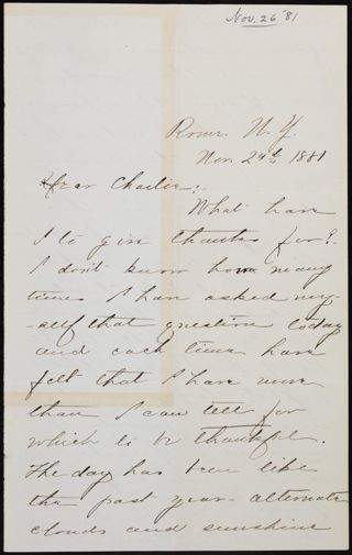 Minnie Bingham to Charlie Letter, November 24, 1881