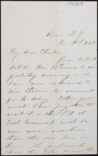 Minnie Bingham to Charlie Letter, November 21, 1881