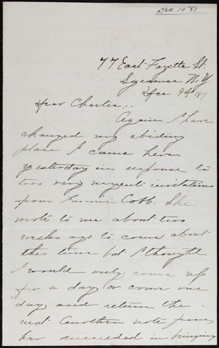 Minnie Bingham to Charlie Letter, December 9, 1881