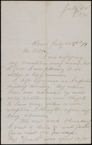 Minnie A. Bingham to Mr. Cobb Letter, July 22, 1874